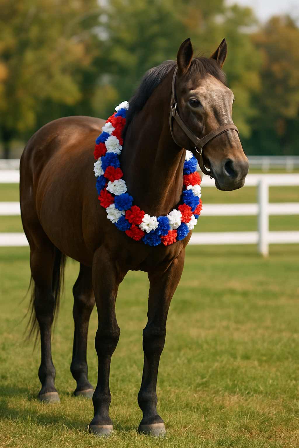 Retired racehorse with floral wreath in paddock