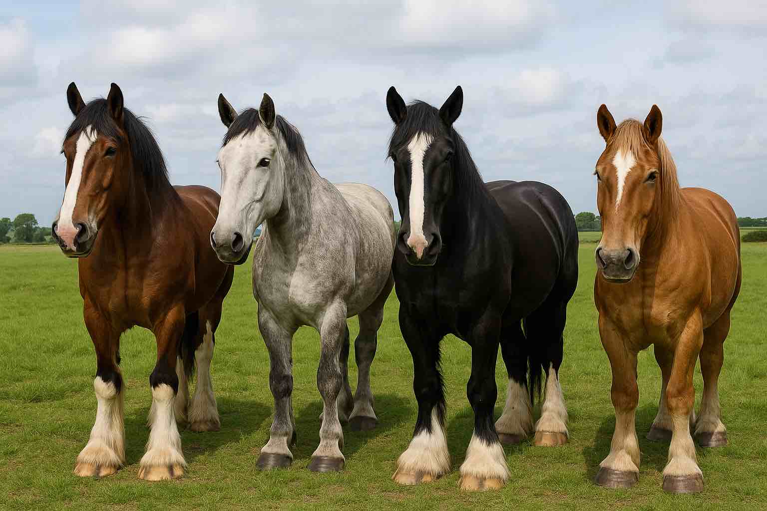 Clydesdale, Percheron, Shire et Belge au pâturage