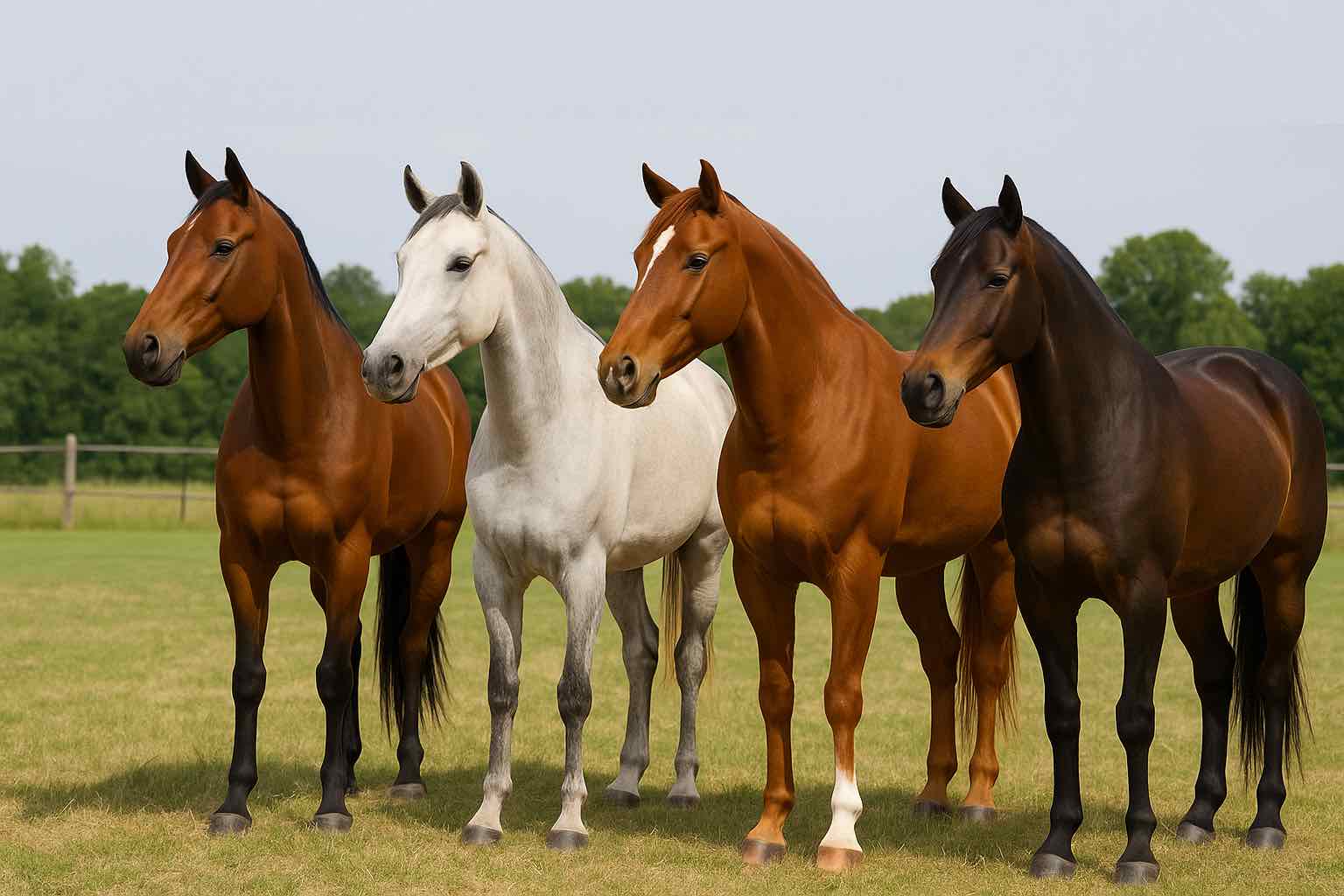 Pur-sang, Arabe, Quarter Horse et Morgan sur un champ verdoyant