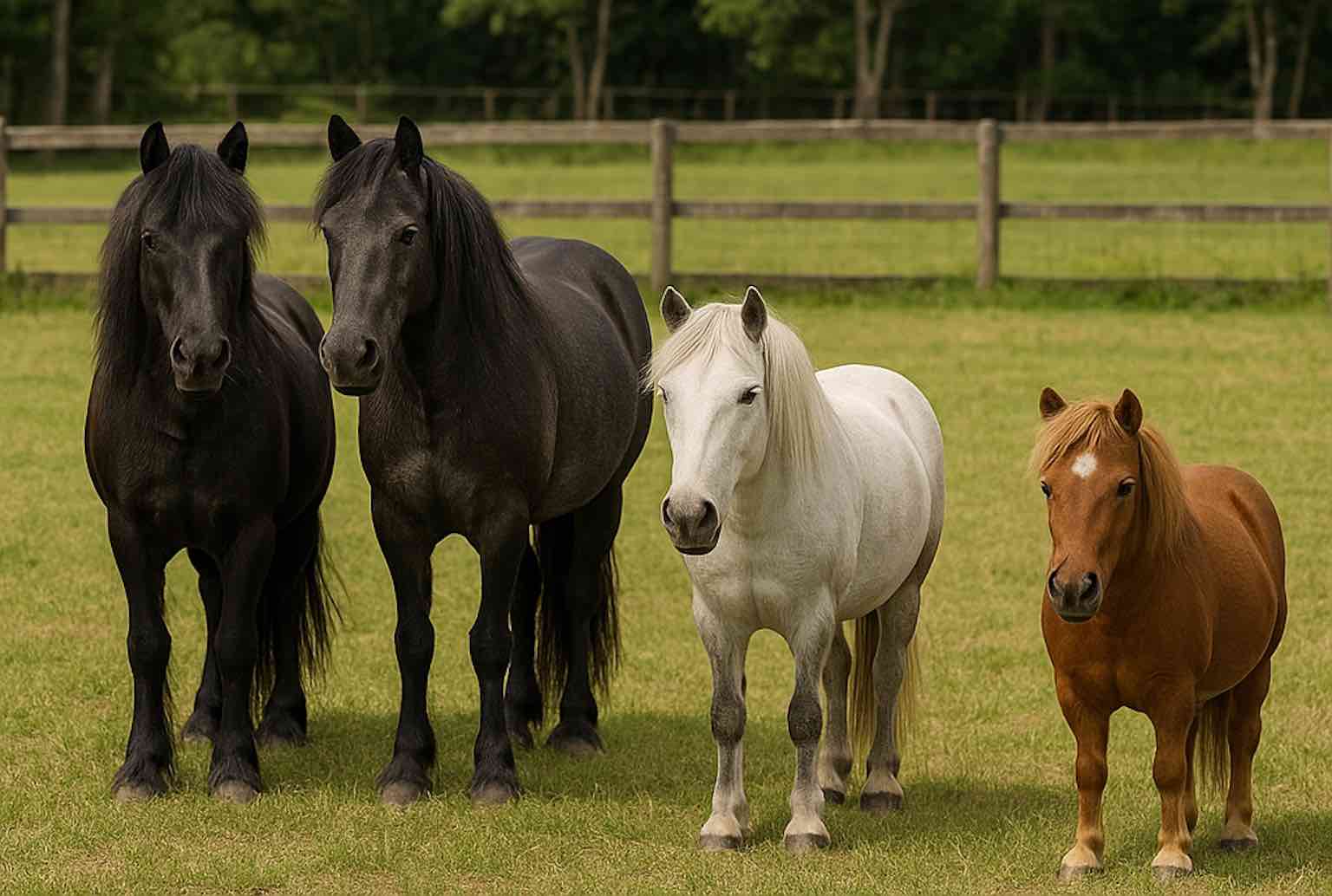Poneys Shetland, Welsh, Connemara et Castaño près d’une clôture en bois